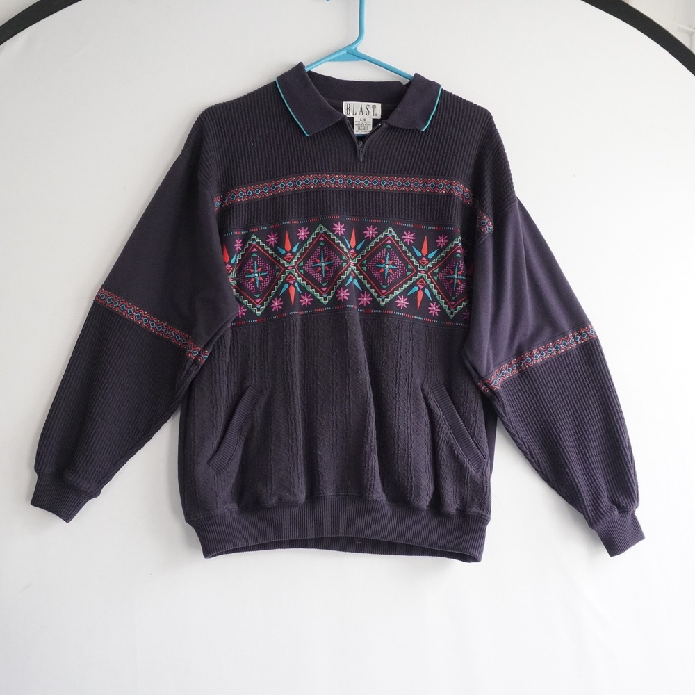 VTG BLAST L/G Pullover Sweatshirt‎ Geometric Quarter Zip Collar Pockets Navy